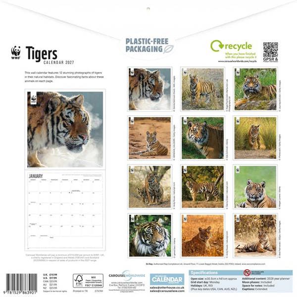 WWF, Tigers Calendar 2027, Wall Calendars, Month To View, Animals, Gift