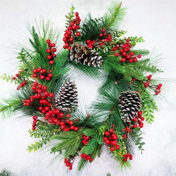 60cm Red Berry and Pine Cone Artificial Wreath for Front Door, Wall or Indoor Seasonal Display image 1
