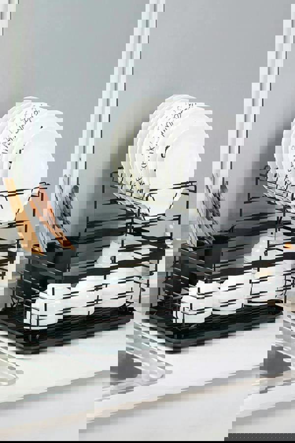 Living and Home Kitchen 2-Tier Metal Dish Drainer Rack Detachable Storage Drip Tray Sink Washing Plates Draining Board - Black