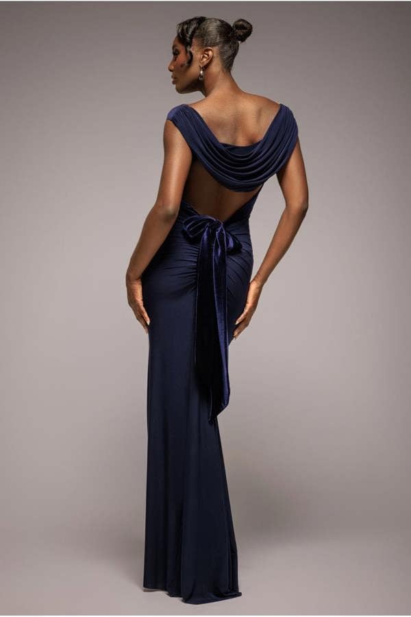 Open Back Cowl Neck Gathered Maxi Dress With Velvet Tie Back - Navy Blue DR4856