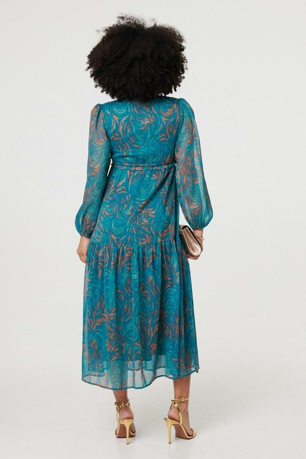 Teal | Leaf Print Sheer Tie Waist Maxi Dress
