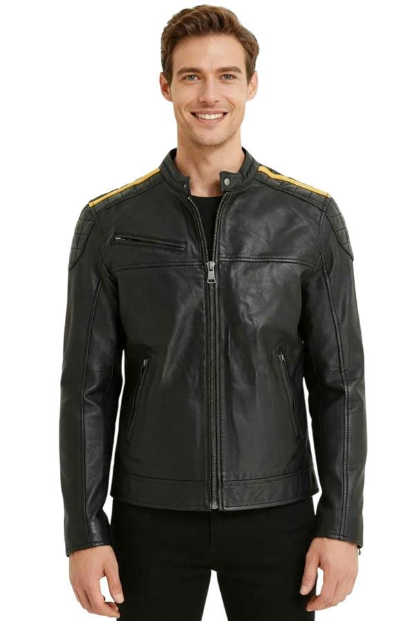 Infinity Leather Men's Classic Quilted Black Yellow Leather Biker Jacket - Meridian