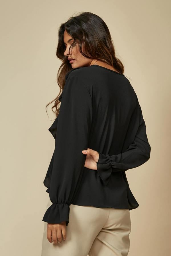 Hoxton Gal Oversized V Neck Top Ruffle Front Details in Black