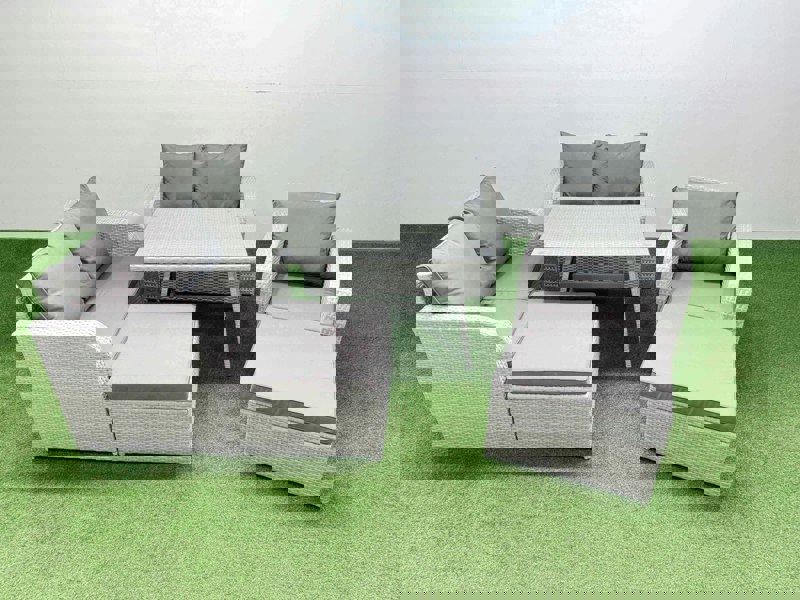 Fimous 7 Seater Outdoor Rattan Garden Furniture Set Love Sofa Reclining Chair Set with Rectangular Dining Table 2 Big Footstools Light Grey