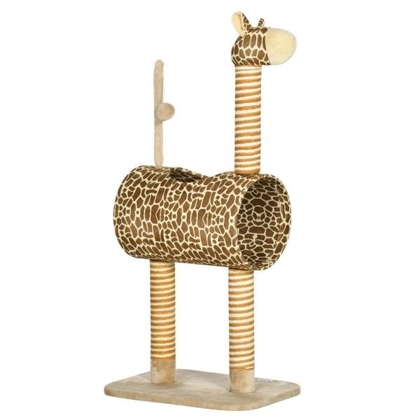 Beige giraffe-designed cat tree with a plush animal top, posts, and padded bed