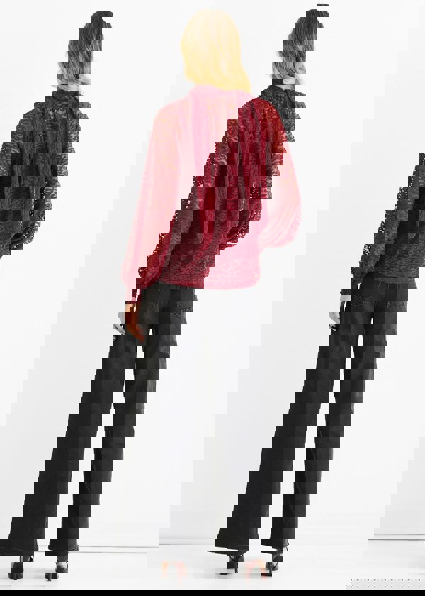 Gini London Burgundy Animal Lace Neck Tie Detail Blouse