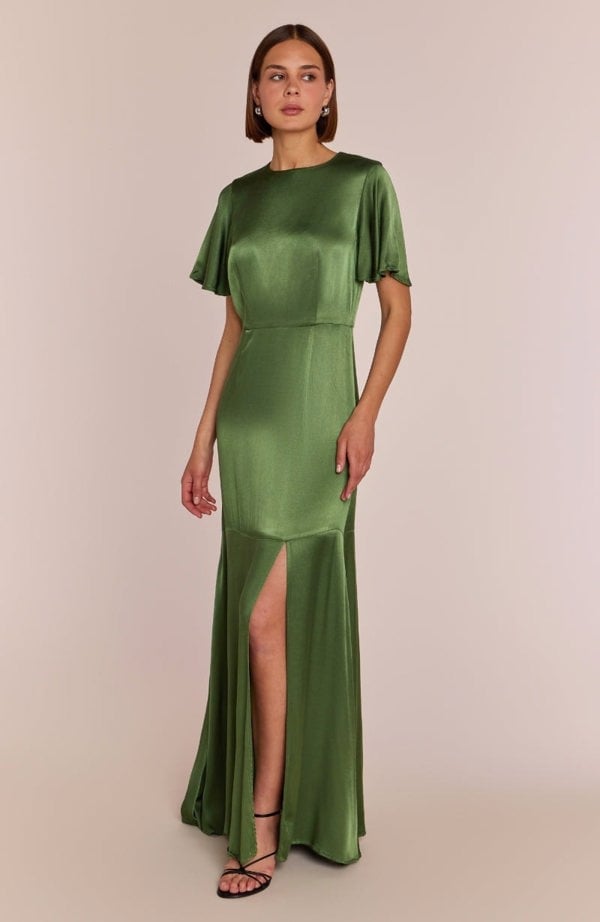 Rewritten London Sienna Dress in Olive Viscose Satin