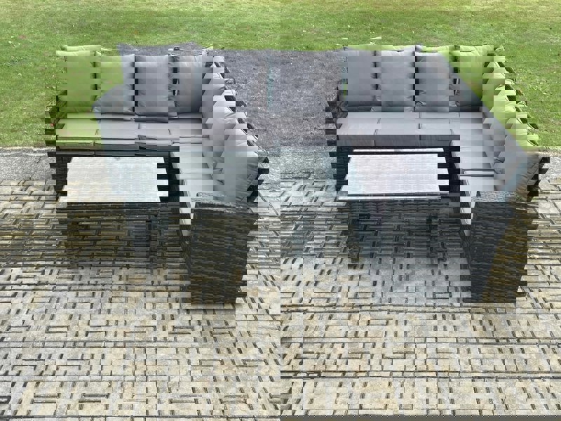 Fimous 6 Seat Rattan Garden Furniture Corner Sofa Set Outdoor Patio Sofa Table Set with Cushions Dark Grey Mixed