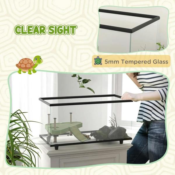5mm tempered glass turtle tank with black frame and built-in basking platform