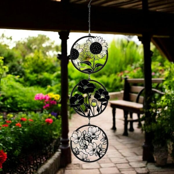 EDH Door Hardware Black Floral Silhouette Hanging Trio Spinner – 60cm x 15cm | Metal Kinetic Wind Spinner for Garden & Home