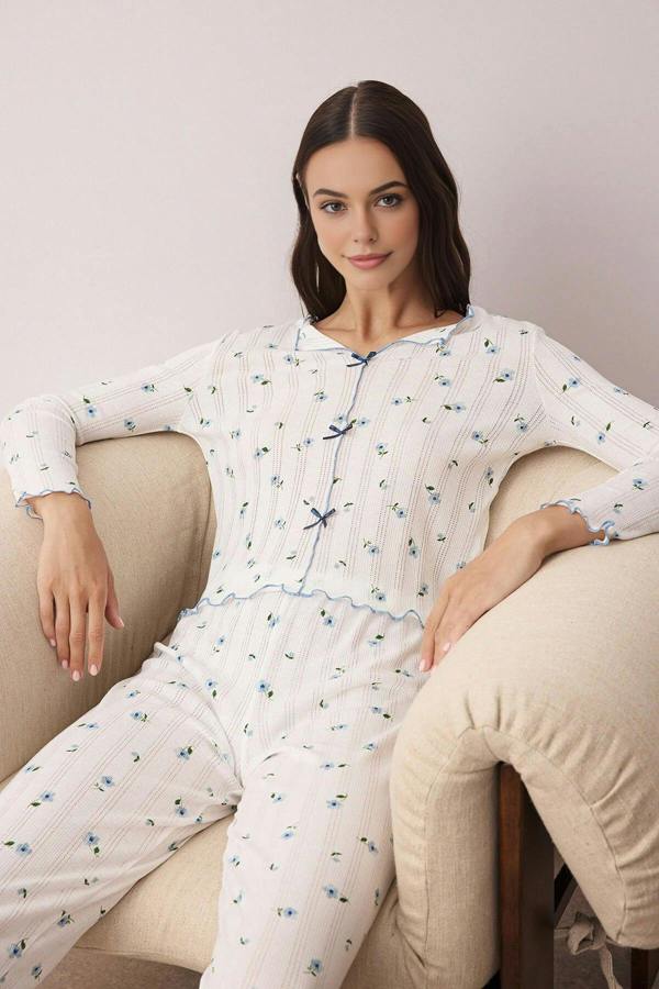 WOVCOR 2- Piece Cotton Floral Knit Pajama Set with Ribbon/Bow Detail