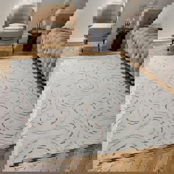 Living Room rug, terra-cream colours, geometric, practicality in mind, the rug is anti-allergic.