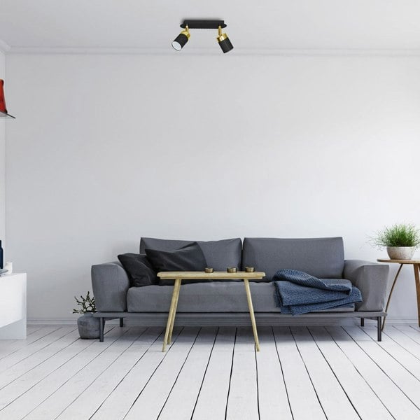 Milagro Joker Hand Made Ceiling Lamp In Matt Black With Luxurious Gold Detail Featuring 2 Minmalistic Slender Cylinder Shades