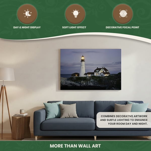 Large Lighthouse Scene Canvas Picture Print with 6 LED Lights, Wooden Frame Wall Art with Side Switch, 60cm x 40cm