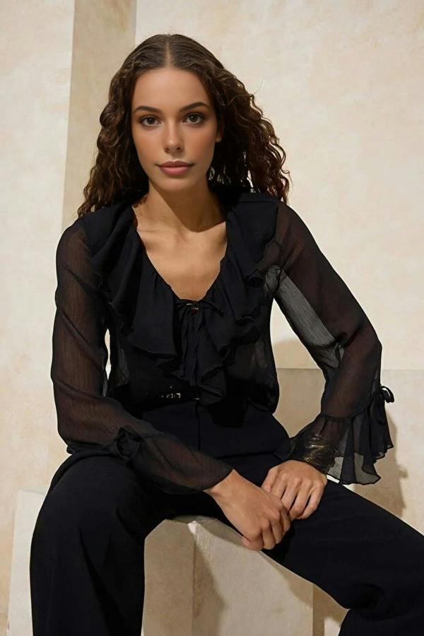 WOVCOR Ruffled Detail Transparent Chiffon Woven Blouse