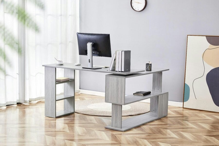 Kosy Koala Grey Office Desk L-Shaped with Storage Shelves Wooden Room Furniture for Home, Study, and Office