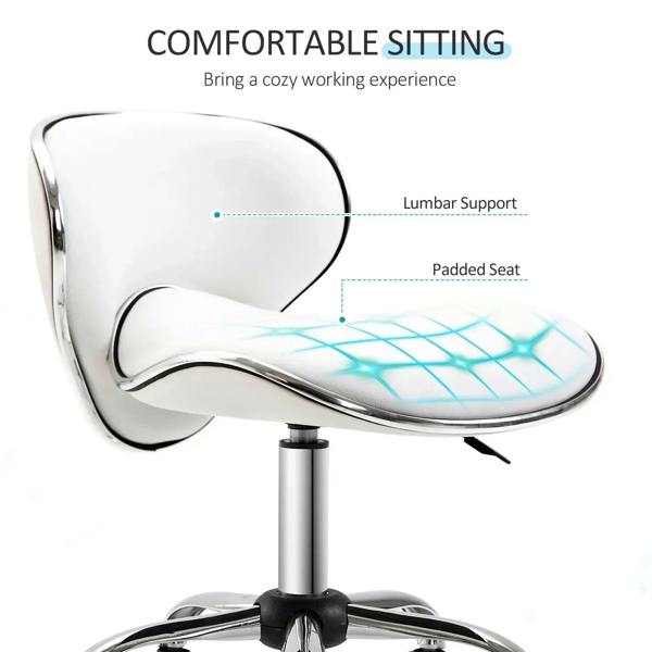 White padded salon stool seat with lumbar support and chrome pedestal base.