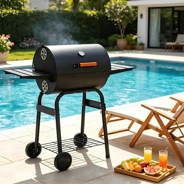 Gr8 Garden Large Charcoal Barrel BBQ Grill Smoker with Thermometer Side Table and Wheels