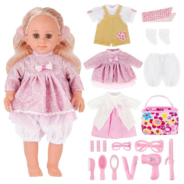 deAO Toys 15 PCS Baby Doll Set 14 inch Baby Doll with 3 Doll Clothes with Portable Accessory