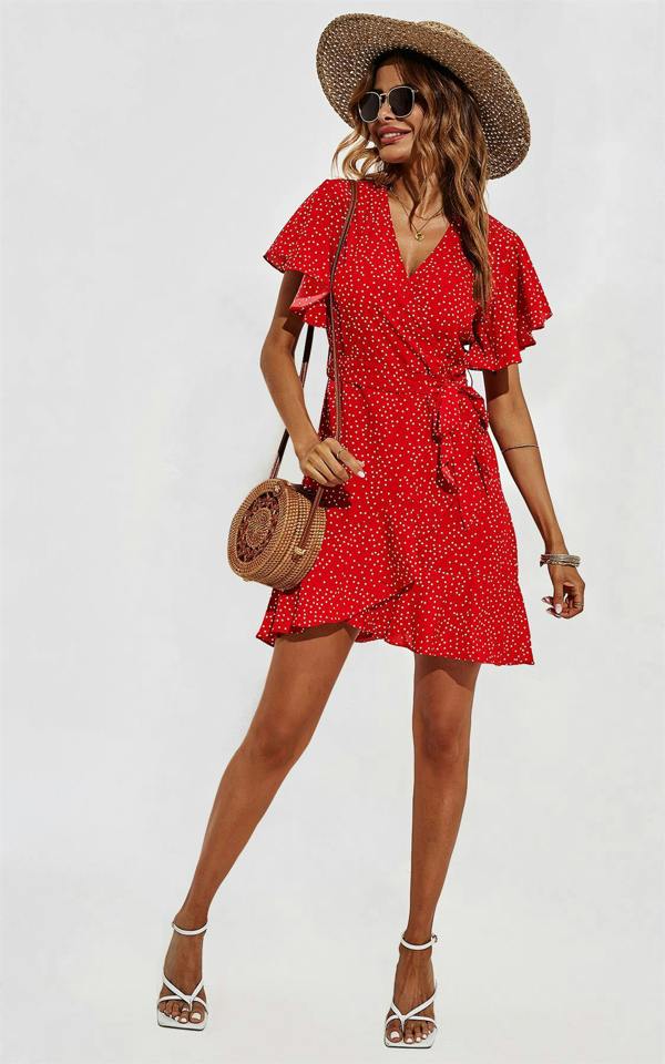 FS Collection Dot Print Wrap Top Dress In Red