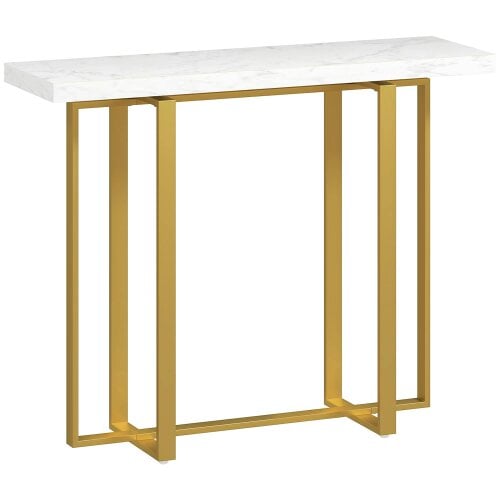 Wyld Haus Larose Metal And Faux Marble White Narrow Console Table With Anti Tip Steel Frame 100 cm