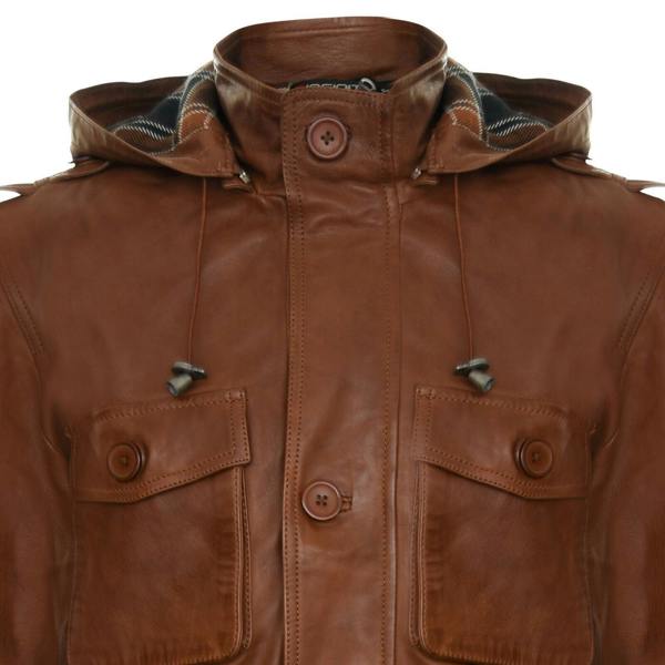 Infinity Leather Mens Hooded Trench Multi-Pocket Overcoat Leather Jacket