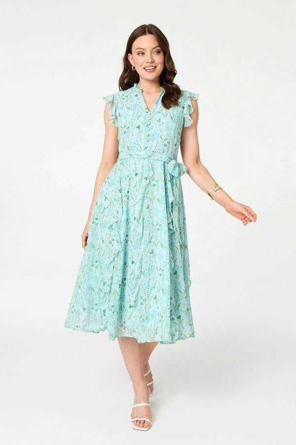 Green | Floral Tie Waist Frilled Midi Dress