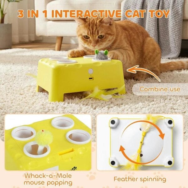 3 in 1 Interactive Cat Toys with Mouse & Feather Teaser Toy Rechargeable Automatic for Indoor Kittens & Adult Cats
