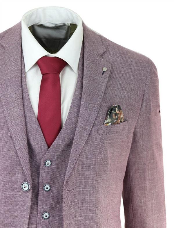 House of Cavani Mens 3 Piece Blush Pink Linen Summer Spring Classic Suit