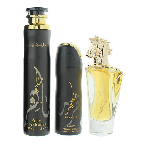 Lattafa Maahir Eau de Parfum 100ml, Air Freshener 300ml + Body Spray 200ml Gift Set