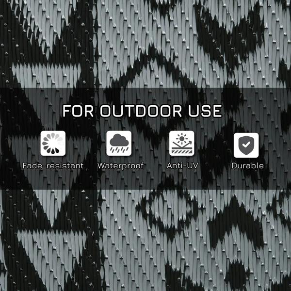 Reversible outdoor rug surface with black and grey diamond geometric pattern
