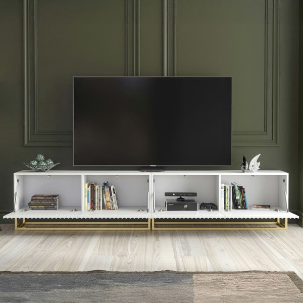 Mex Furniture Modular White TV Unit with Gold Base 200cm – Fluted Fronts & Push-Down Doors