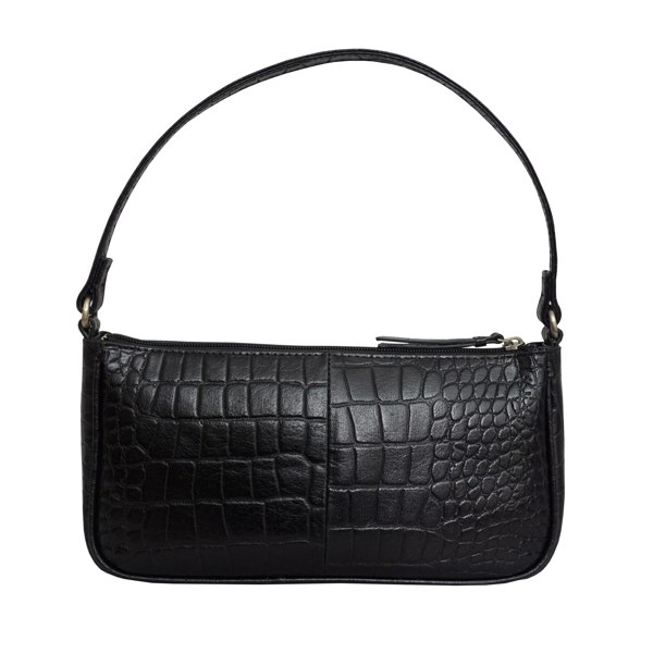 Assots London 'ZARA' Black Croc Real Leather Baguette Shoulder Bag