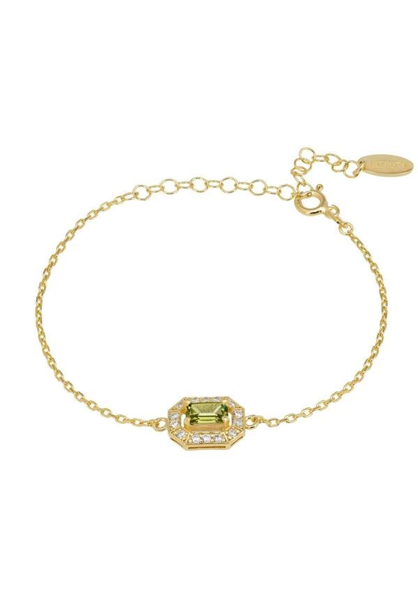 Gold bracelet with a green gemstone on a white background