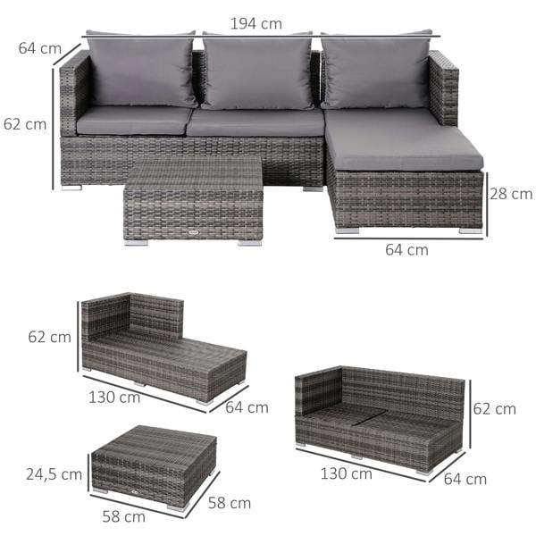 Wyld Haus Sevafa Rattan Grey L Shaped Outdoor Corner Sofa And Coffee Table Set With Cushions