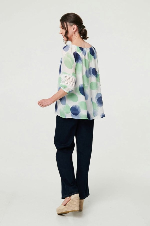 Sage | Printed Lace Trim Tassel Front Blouse
