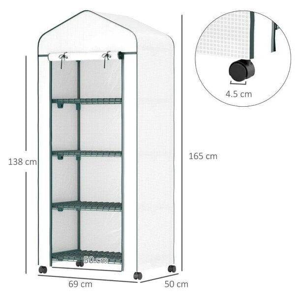Bobobiy 4 Tier Mini Portable Greenhouse Compact Plant Grow Shed Metal Frame PE Cover with Lockable Rolling Wheels, White