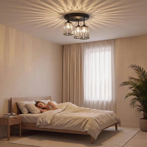 3-Light Crystal Glass Ceiling Light, Triple Head with Dual Mounting, Modern Ceiling Lamp for Living Room, Black