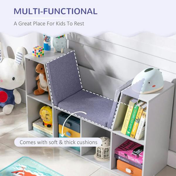 Gray kids storage cabinet with six cubbies and thick gray fabric seat cushions