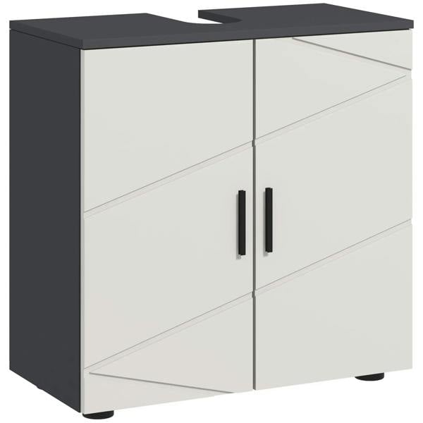 Light grey under-sink bathroom cabinet with double doors, long metal handles, dark top