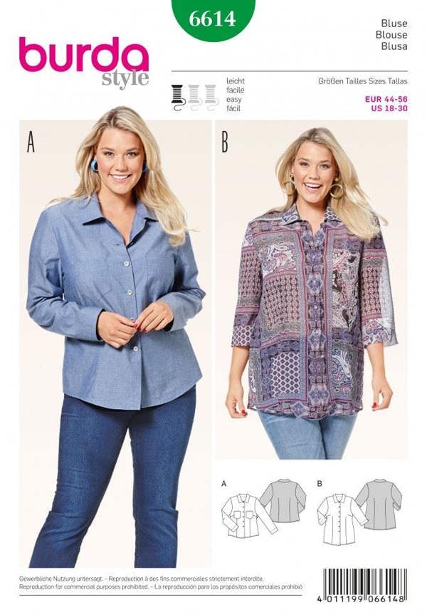 Burda Sewing Pattern 6614 Shirts and Tops For Women, 18 to 30 - Easy
