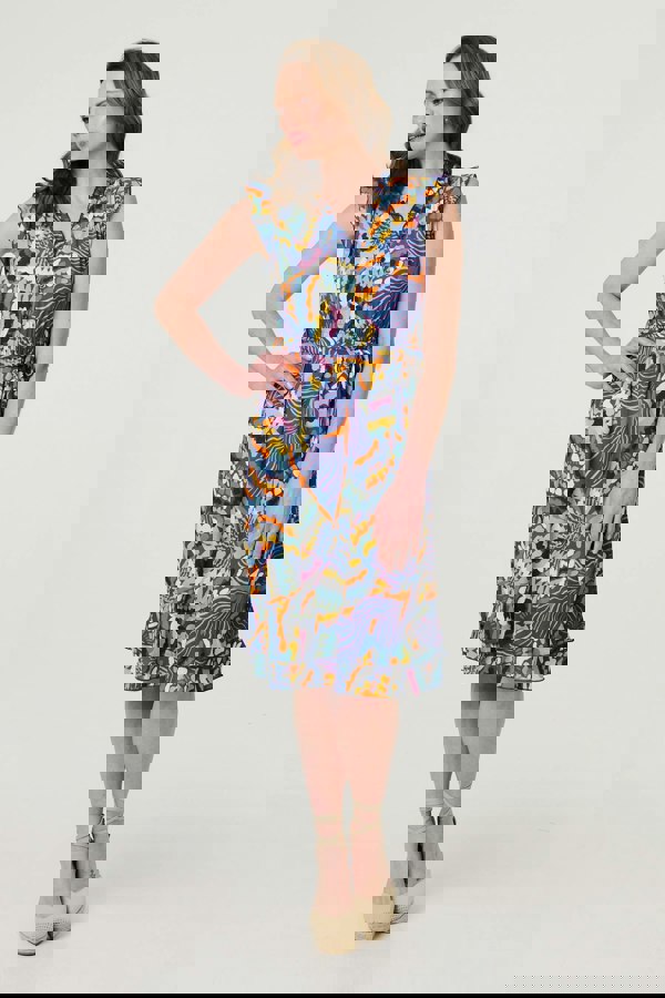 Blue | Abstract Frill Cap Sleeve Wrap Midi Dress
