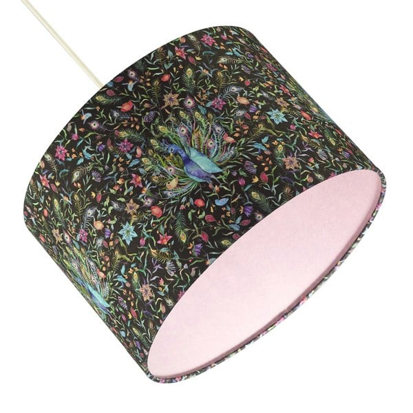 Purple Peacock and Multi Coloured Floral Cotton Fabric Drum Lamp Shade Image 3