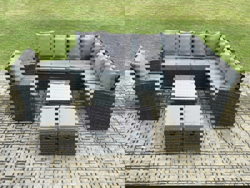 Fimous 9 Seater Wicker PE Outdoor Garden Furniture Set High Back Rattan Corner Sofa Chair Set with 2 Small Footstools Square Coffee Table