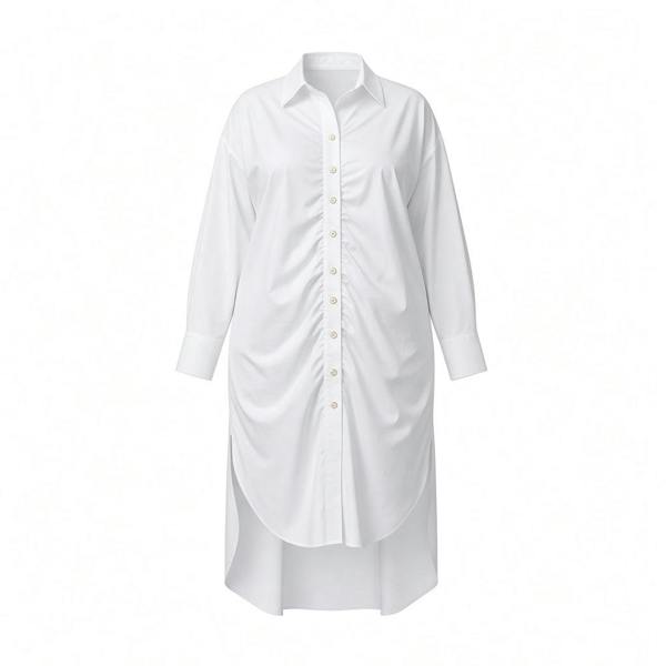 Sylvia Piechulla Plus Size White Ruched Longline Cotton Poplin Shirt Dress