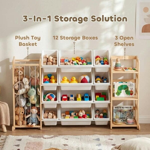 Bobobiy Wooden Toy Storage Unit with Stuffed Animal Storage, Bookshelf and 12 Bins for Kids Rooms, Bedroom, Playroom, Nursery