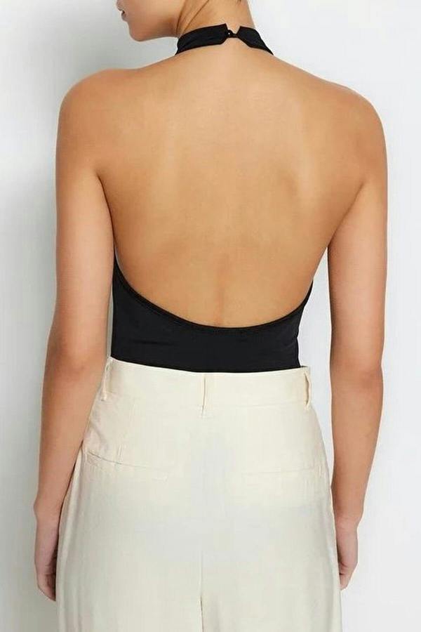 WOVCOR High Neck Backless Stretch Knitted Bodysuit
