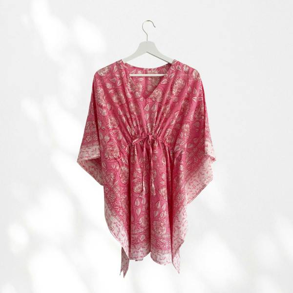 Hayley & Co Pink Floral Print 100% Cotton Beach Kaftan