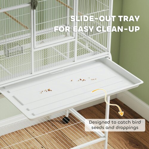 PawHut Rolling Bird Cage w/ Detachable Stand Storage Shelf Wood Perch, White