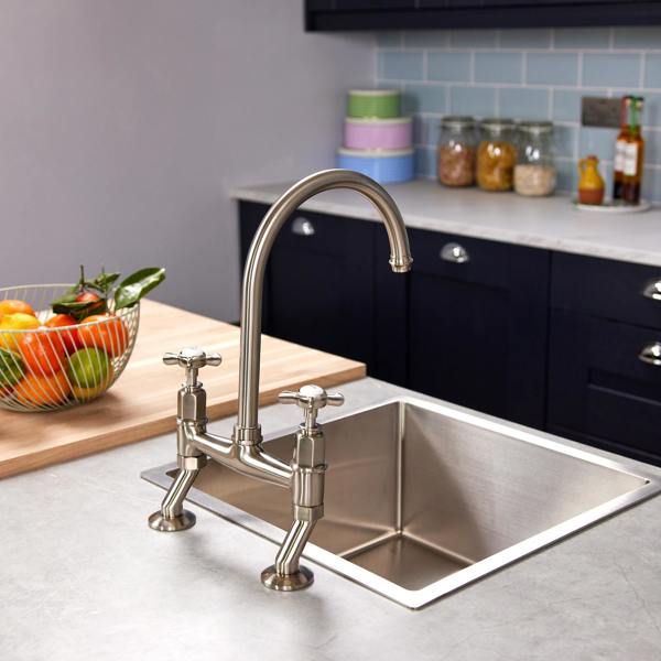 Flode Larvik | Kitchen Crosshead Bridge Mixer Tap | Pewter Finish
